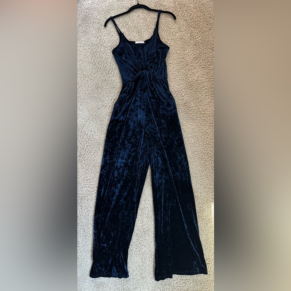 Le Lis Blue Velvet Ruched Tie Front Jumpsuit